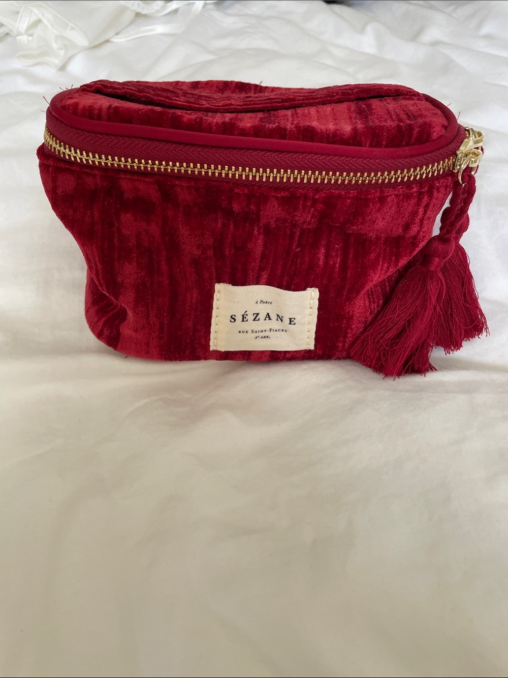 Sezane Red Velvet Tassel Cosmetic Pouch